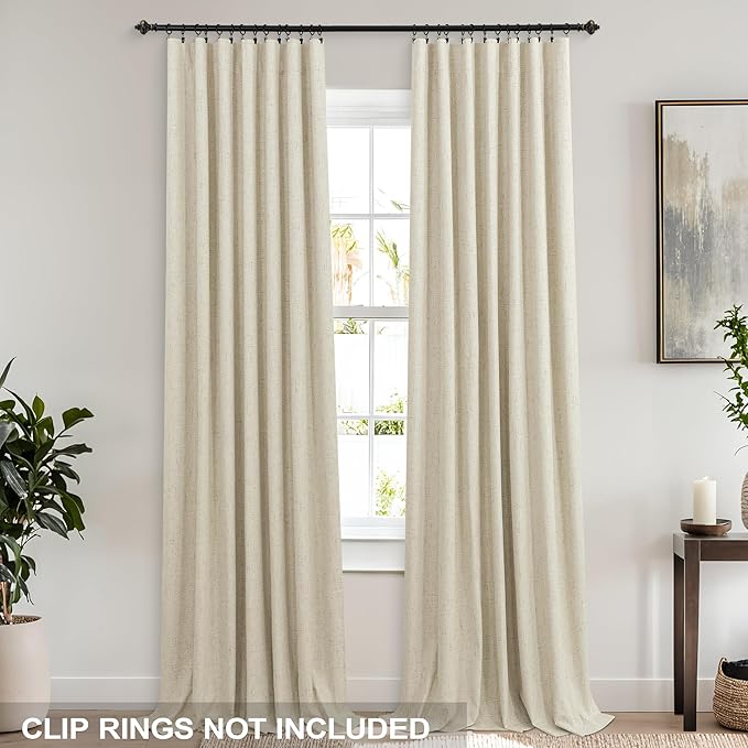 KOUFALL 102 Inches Long Curtains, Linen Blackout Light Beige Boho Back Tab