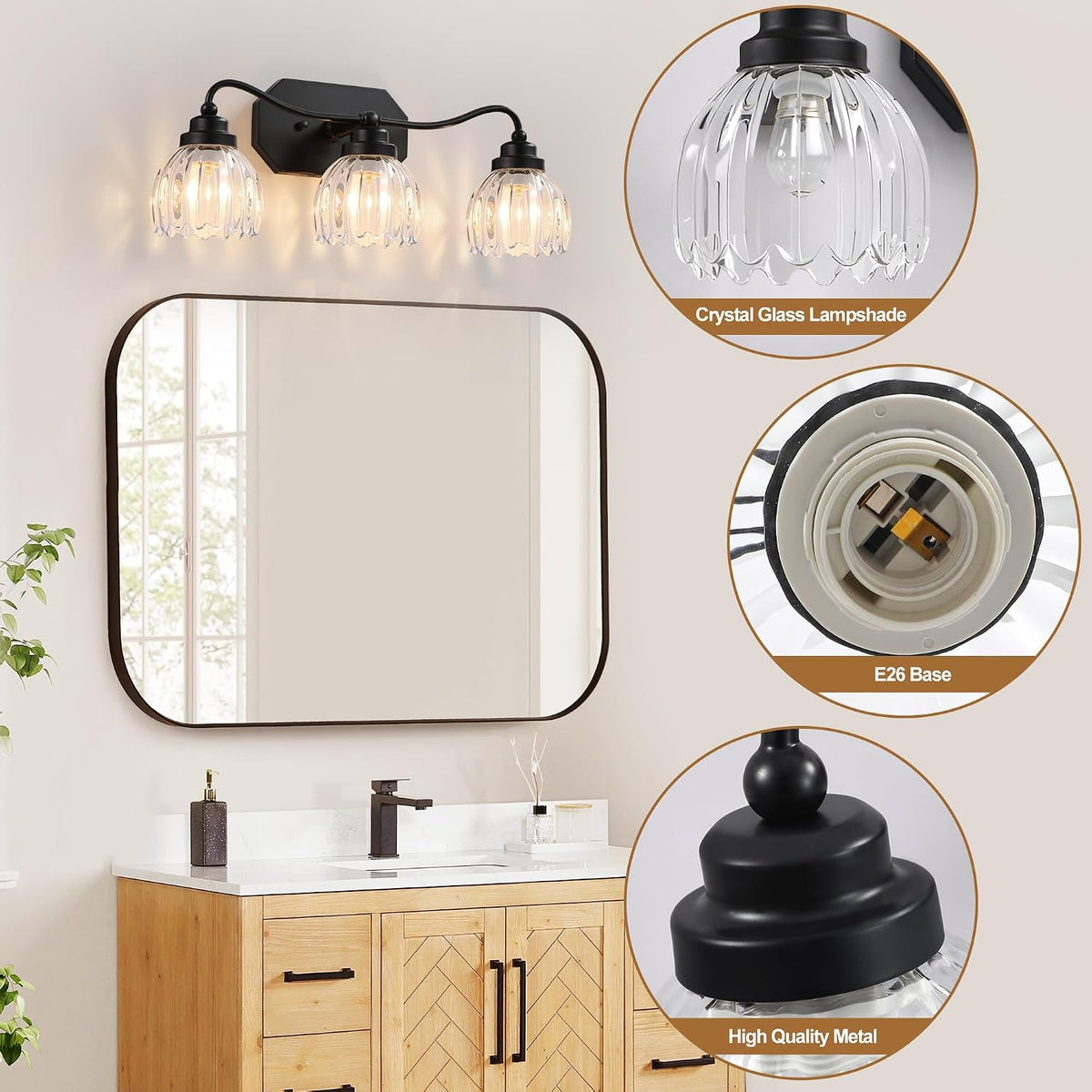 Vintage 3 Light Vanity Lights,Black Matte Antique Finish