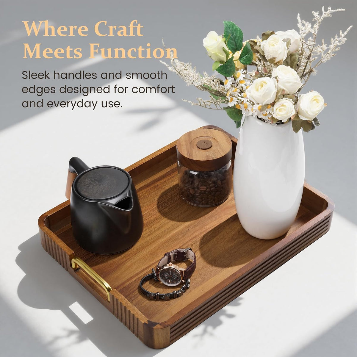 Acacia Wood Serving Tray with Gold Handles (Natural, 17" x 13" x 2&...