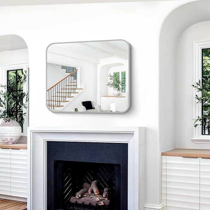 Silver Bathroom Mirror, 30 x 36 Inch Metal Framed Silver Rectangle Mirror
