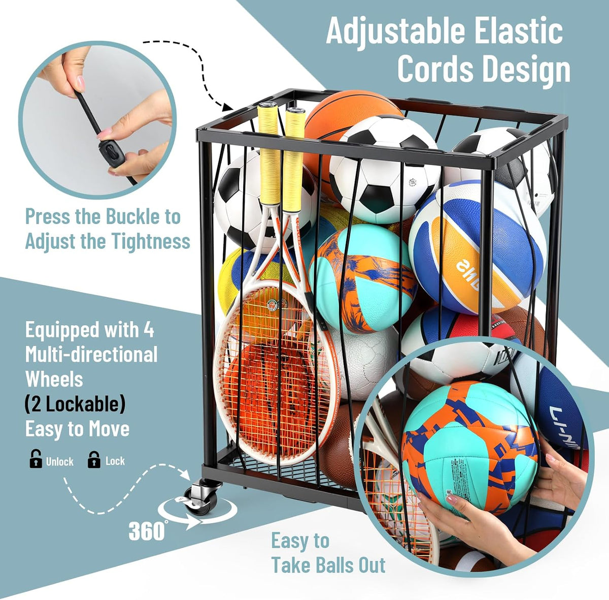 TomCare Garage Ball Storage Rack, Rolling Sports Cart with Lockable Wheels
