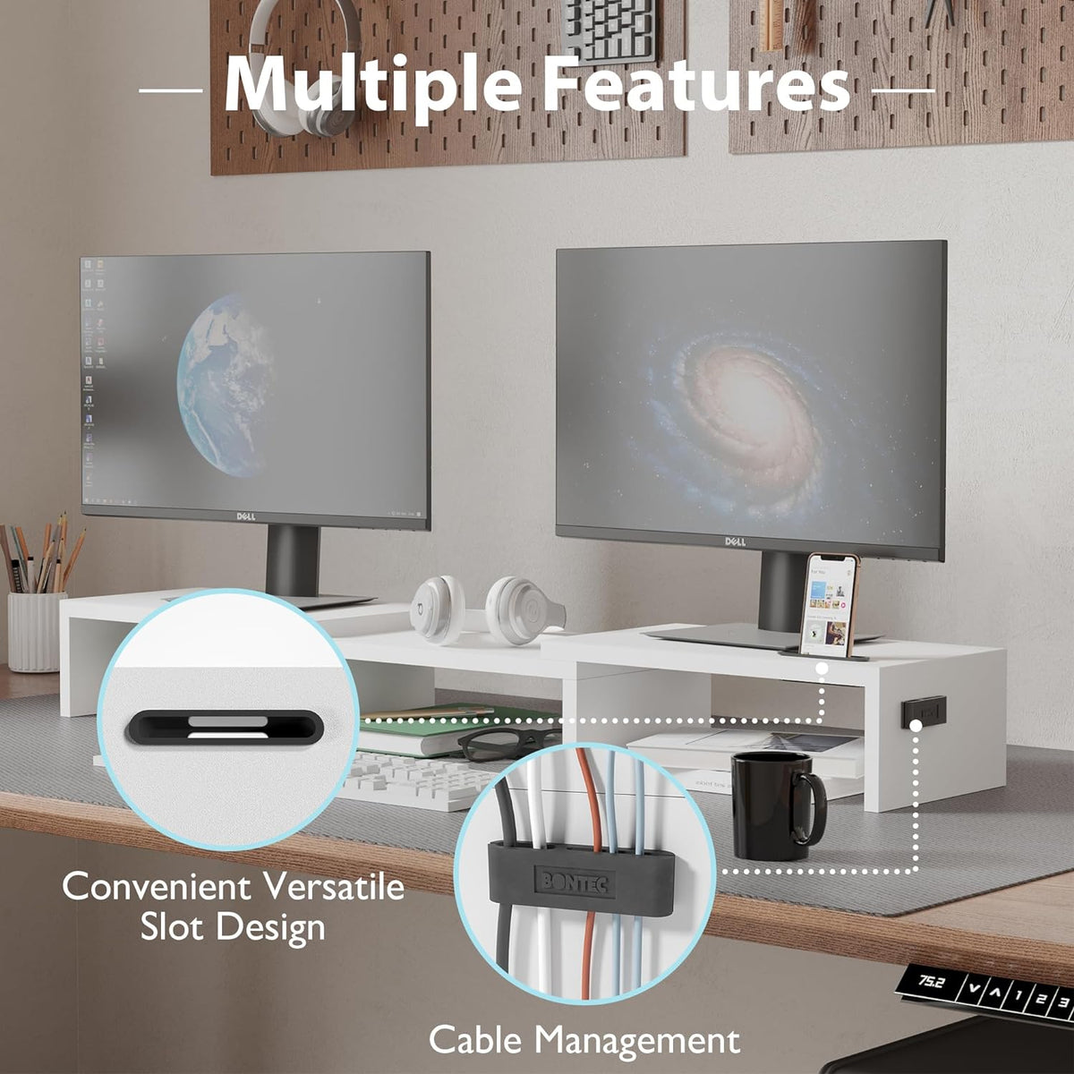 BONTEC Dual Monitor Stand Riser, Adjustable Length & Swivel Angle, White