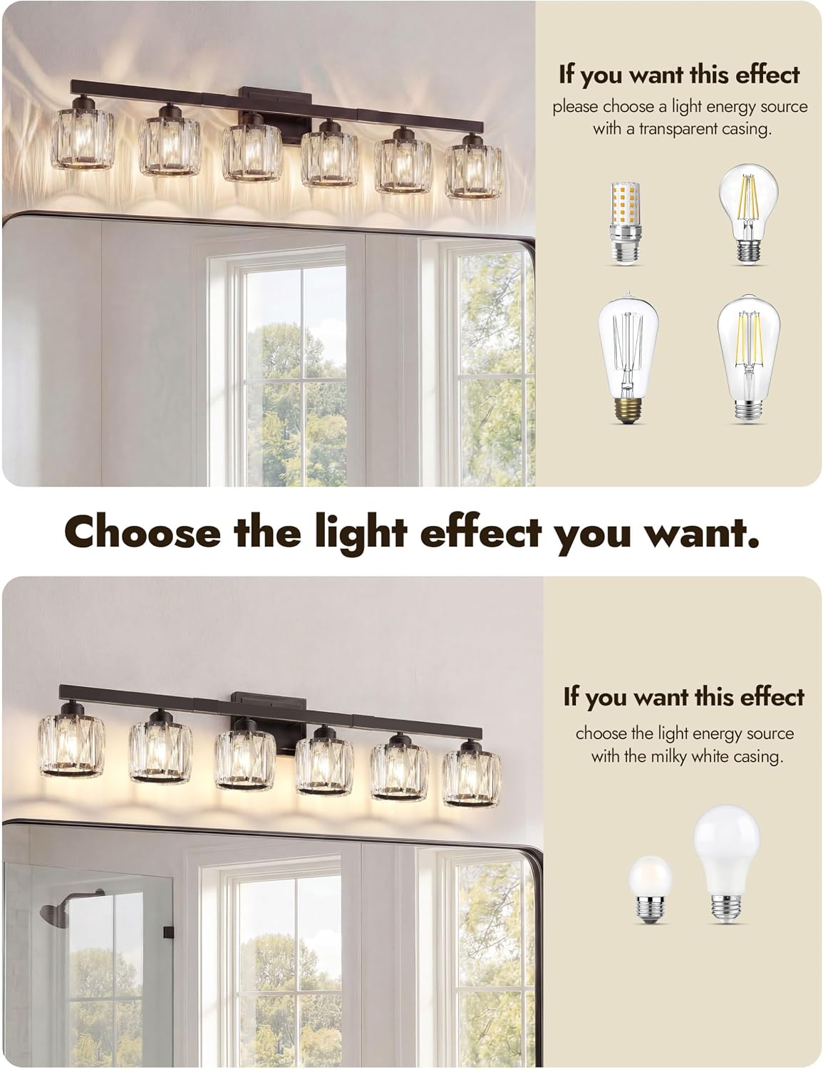 VOLISUN Crystal Vanity Light, 6‑Light Matte Black Bathroom Wall Fixture