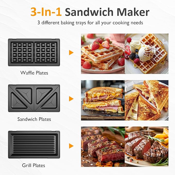 Sunvivi Pro Waffle Maker with Removable Non-stick Plates, Electric Sandwich