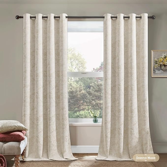 Beauoop Beige Floral Jacquard Blackout Curtains 96 Inches Long 2 Panels