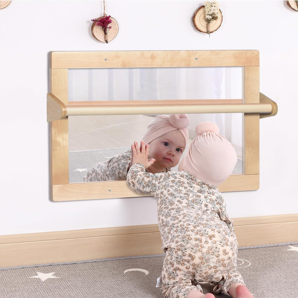 Baby Montessori Non-Shatter Sensory Safety Mirror w/ 2 Pull Up Bars | Exquisi...