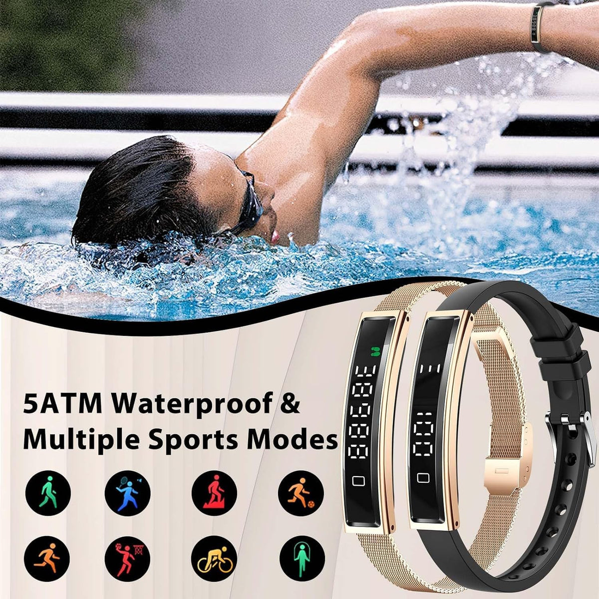Fitness Health/Calorie Tracker with 2 Bands, Sleep Detection Bracelet
