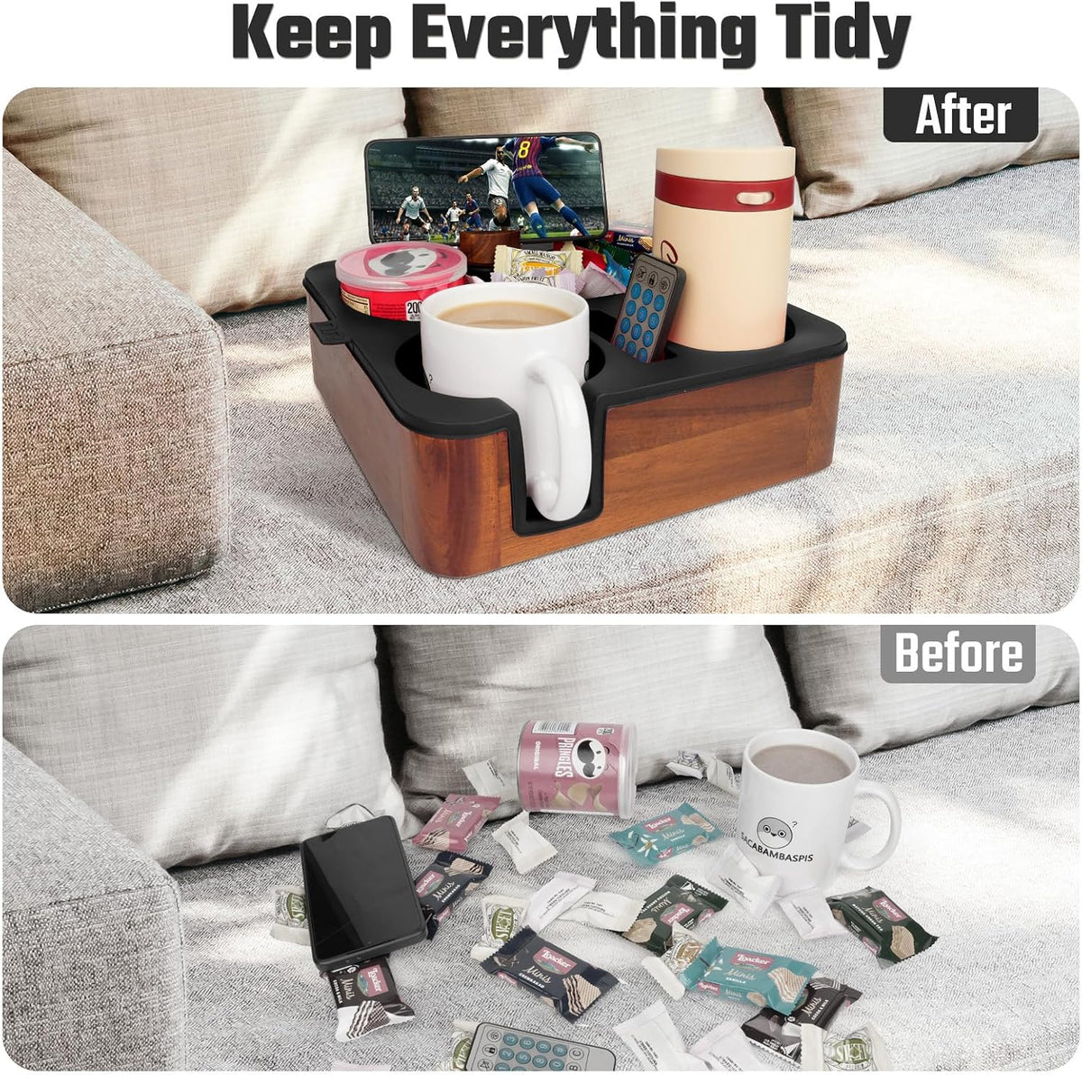 Couch Cup Holder Tray, Real Acacia Wooden Caddy with Soft Silicone, Snack and...