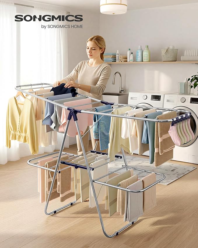 SONGMICS Clothes Drying Rack, Foldable 2-Level Laundry Drying Rack,