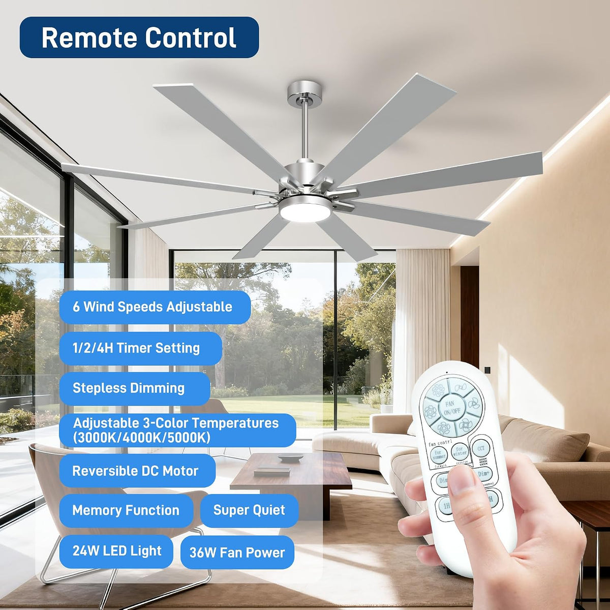 72 Inch Ceiling Fans with Lights and Remote, Large Nickel Ceiling Fan