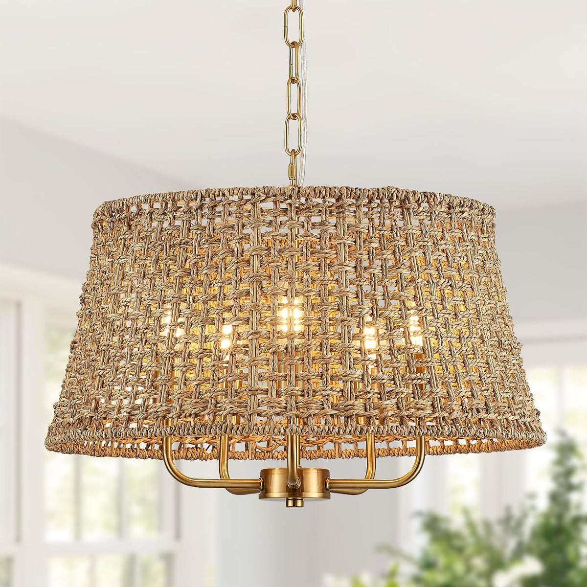 19.7" Boho Rattan Chandelier, 5-Light Gold Wicker Light Fixture