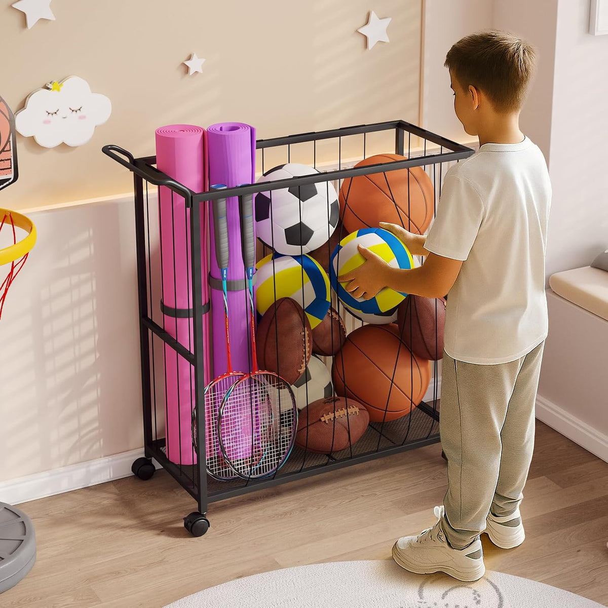 Ball Storage Bin Rolling Sports Ball Cart, Black