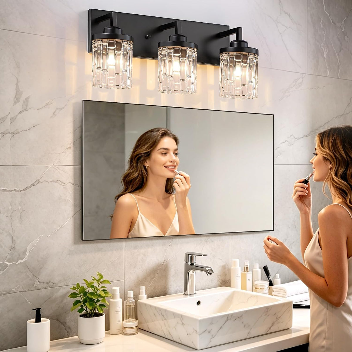 3 Light Black Bathroom Vanity Light, Modern Crystal Glass Light Over Mirror