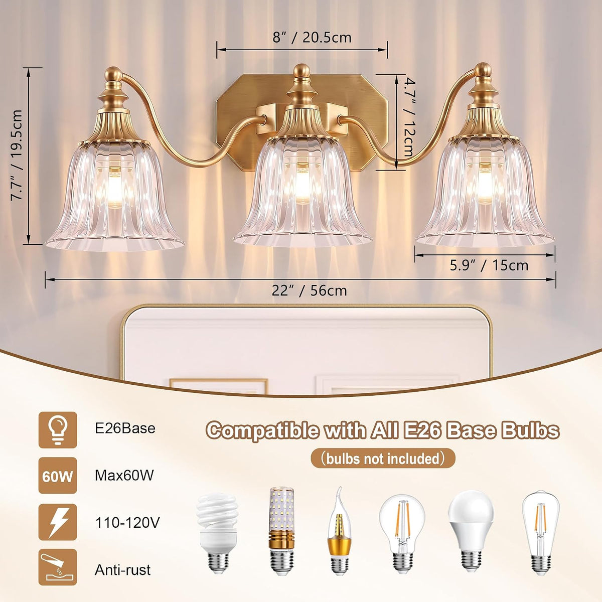 Brushed Gold 3-Light Bathroom Light Fixtures, Vintage Vanity Lights