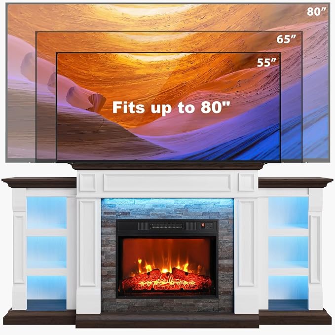 72" Electric Fireplace with Mantel and Cabinets, Fireplace TV Stand