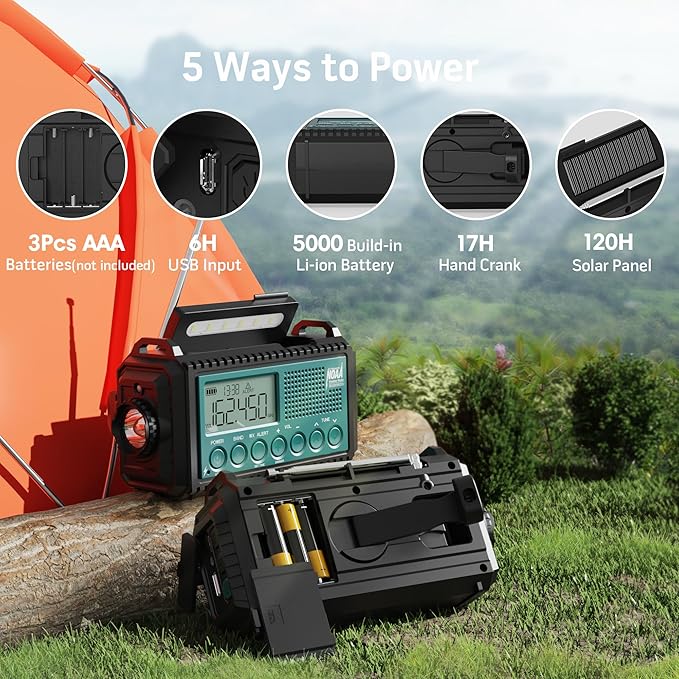 Emergency Weather Radio with AM/FM/NOAA/SW, 5 Ways Powered Solar Hand Crank