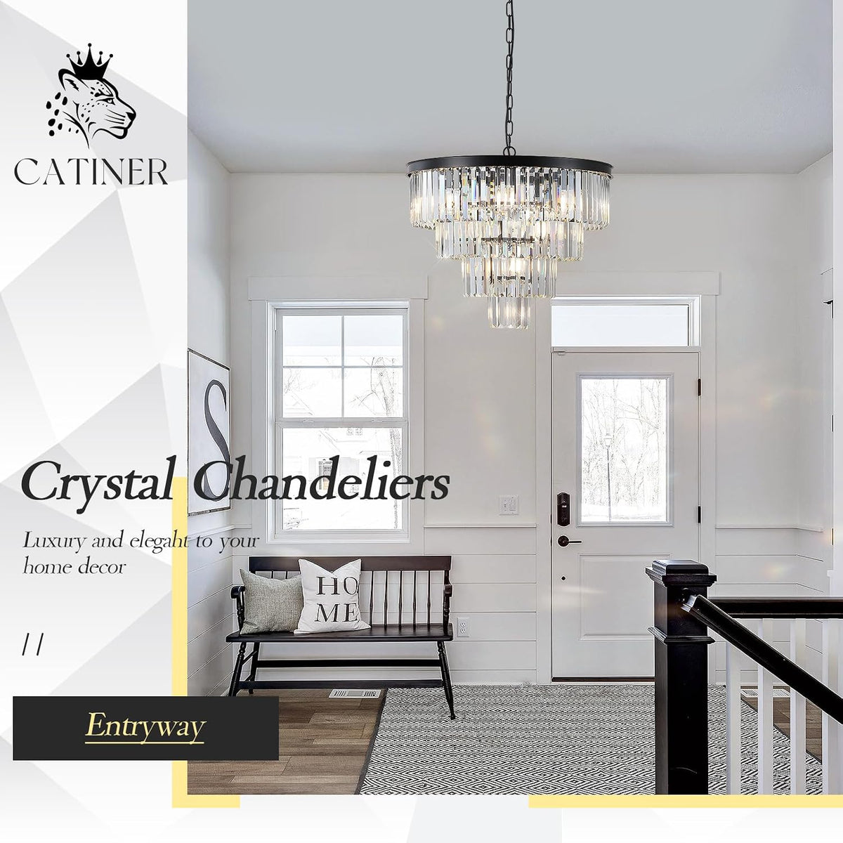 24" Modern Crystal Chandeliers,12-Light Black Round Light Fixture