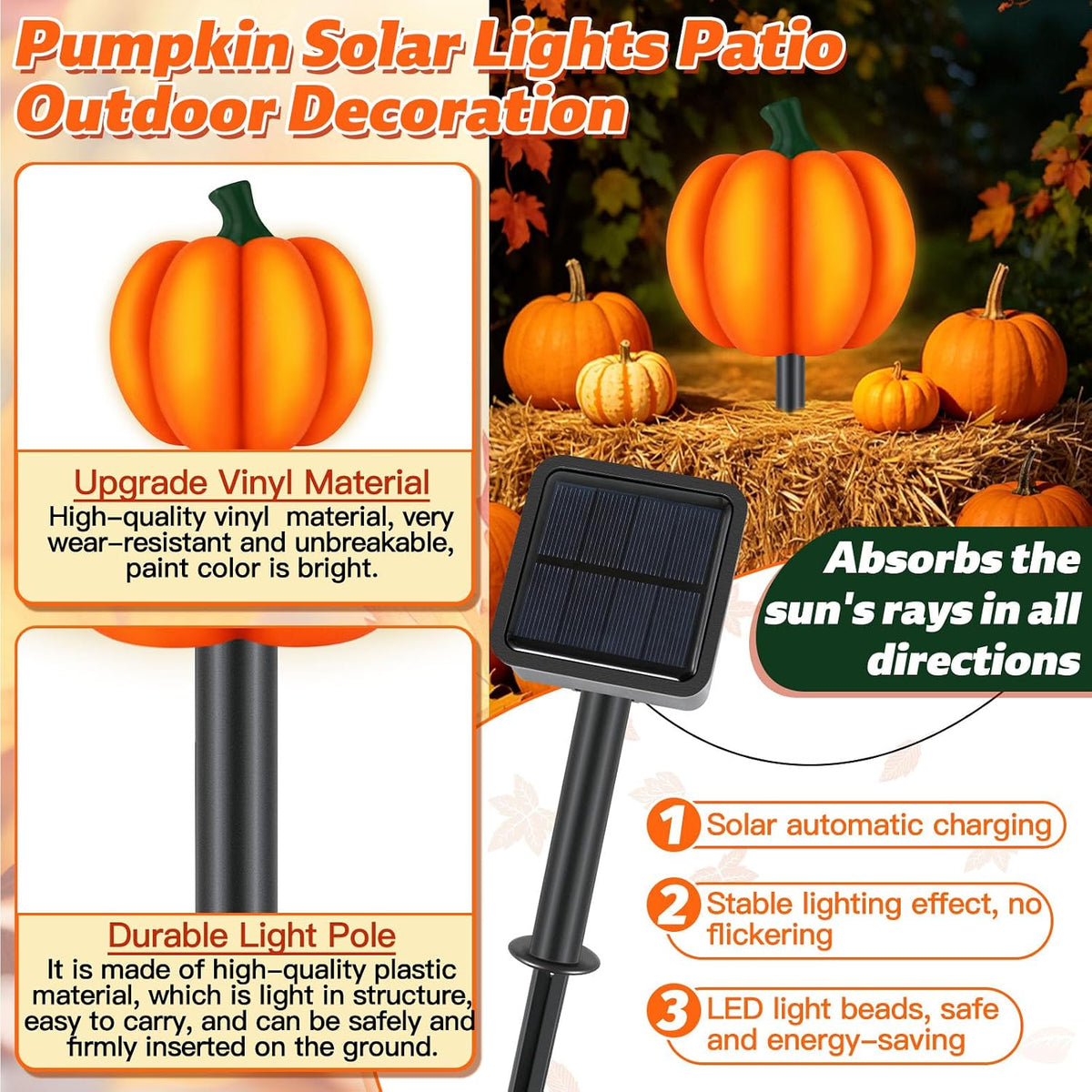4-in-1 Pumpkin Solar Lights Outdoor Halloween Decorations Fall Stake Lights