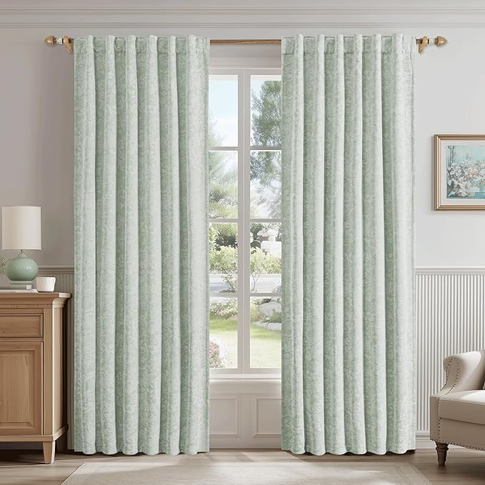Beauoop Green Floral Jacquard Blackout Curtains 90 Inches Long 2 Panels