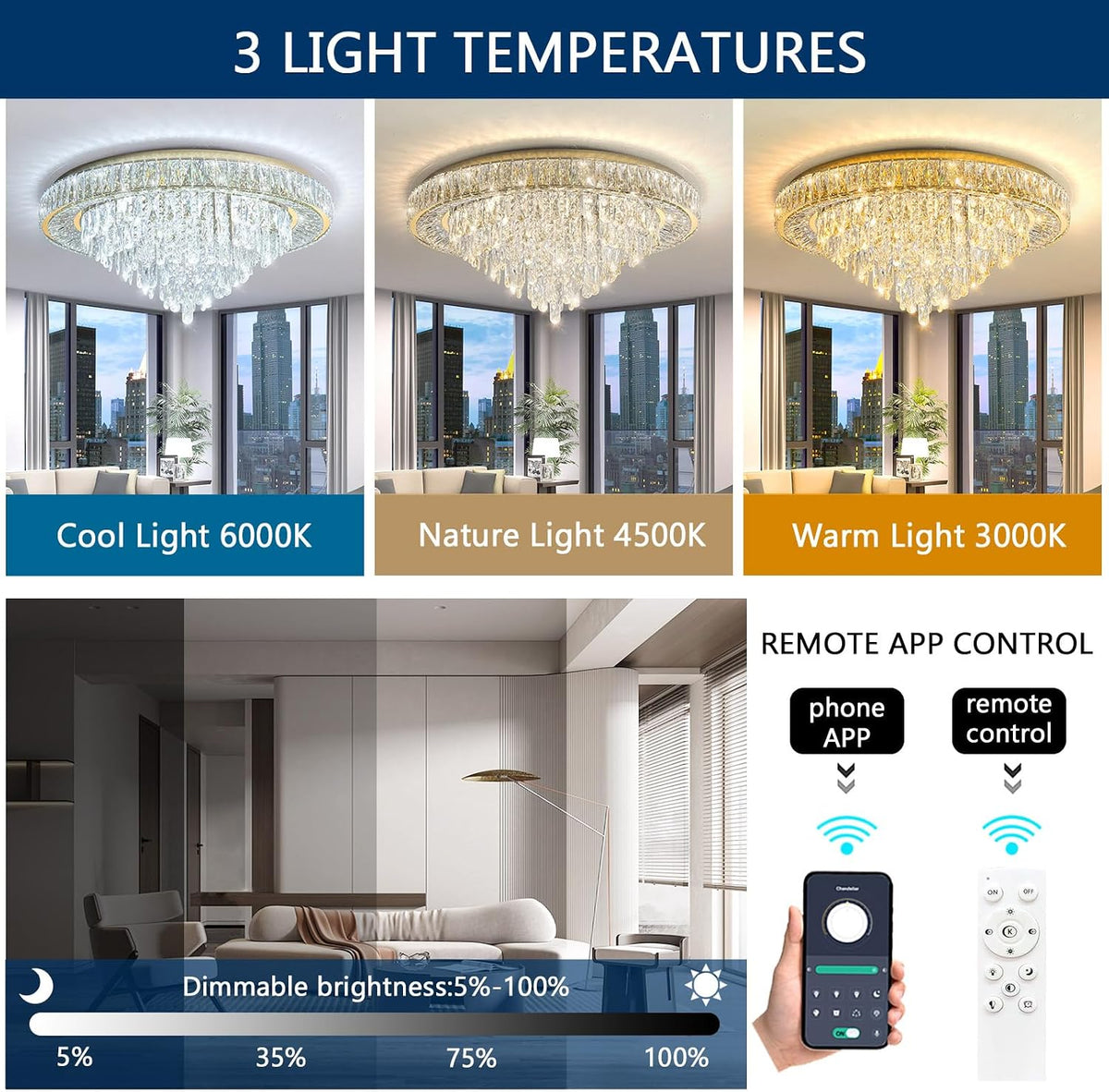 Modern Crystal Chandeliers for Living Room Ceiling Light Fixture LED Dimmable...