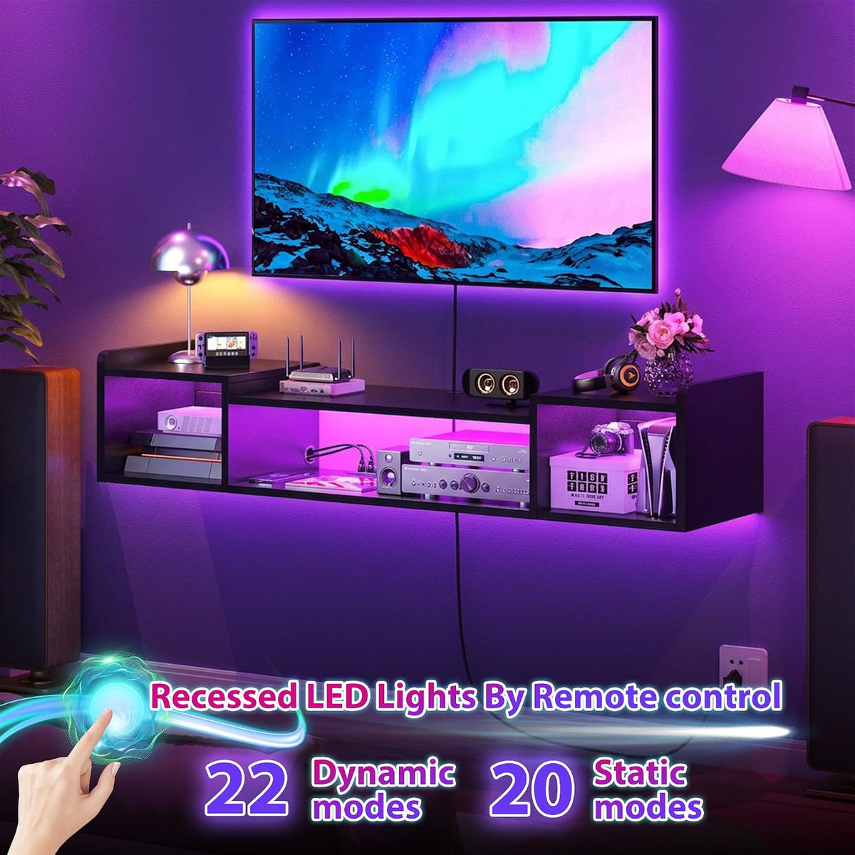 55.1" W Floating TV Stand with LED,Power Strip for 50/55/60/65" TV ...