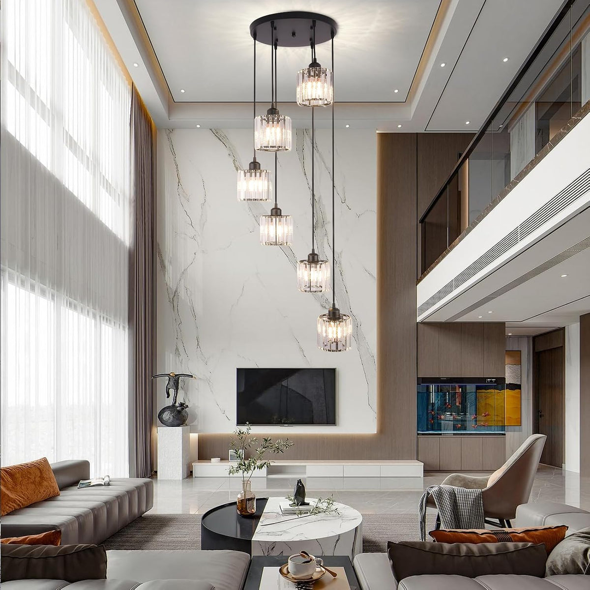 6-Light Crystal Raindrop Chandelier, Black, for High Ceilings