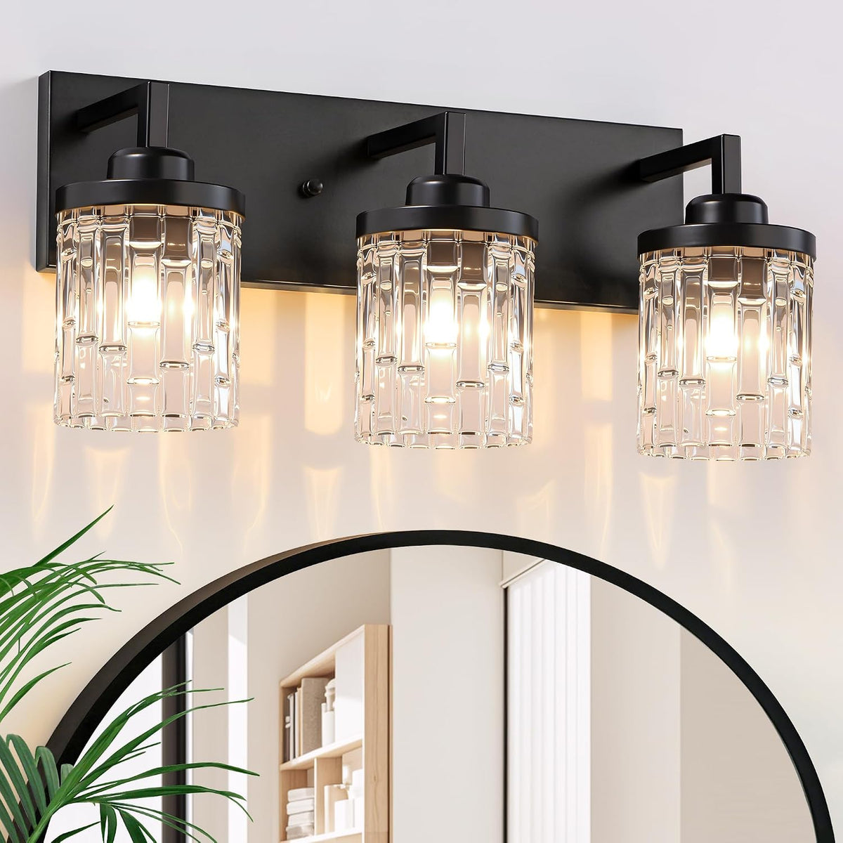 3 Light Black Bathroom Vanity Light, Modern Crystal Glass Light Over Mirror