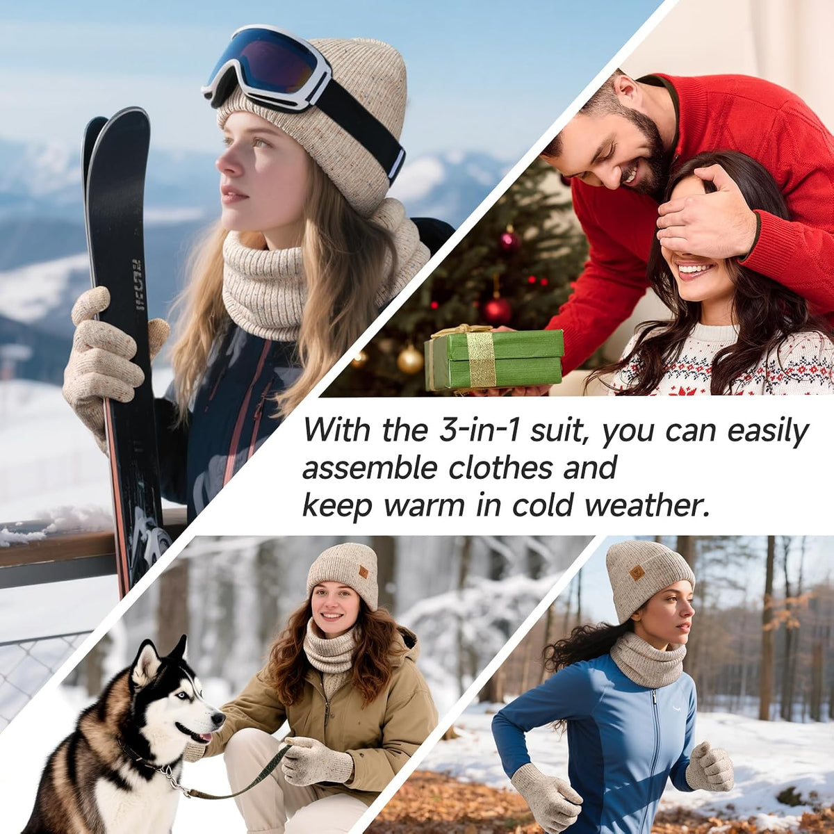 OZERO Winter Beanie Hat Scarf Gloves Set: Fleece Lined
