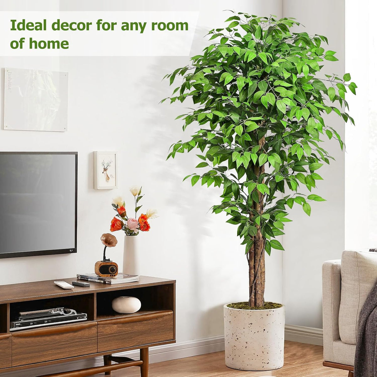 6.2ft Ficus Artificial Trees with 3 Natural Curved Trunks, 74" Tall Lush...