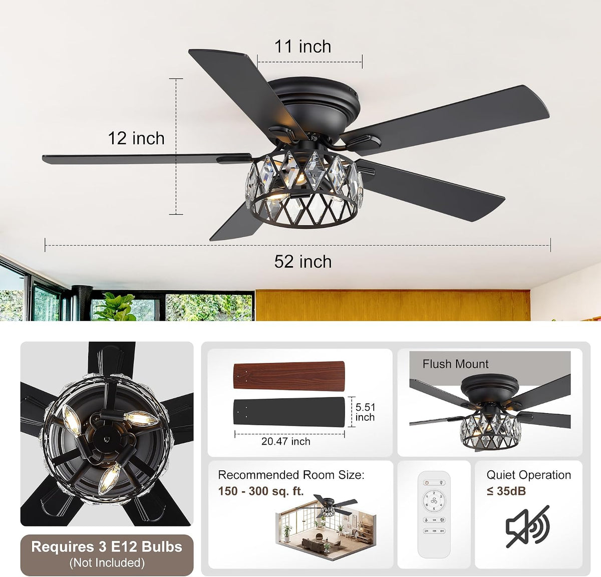 52 Inch Crystal Ceiling Fan With Light And Remote,Flush Mount Ceiling Fans