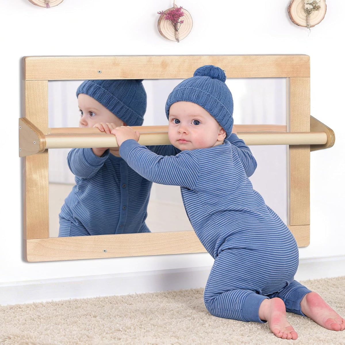 Baby Montessori Non-Shatter Sensory Safety Mirror w/ 2 Pull Up Bars | Exquisi...