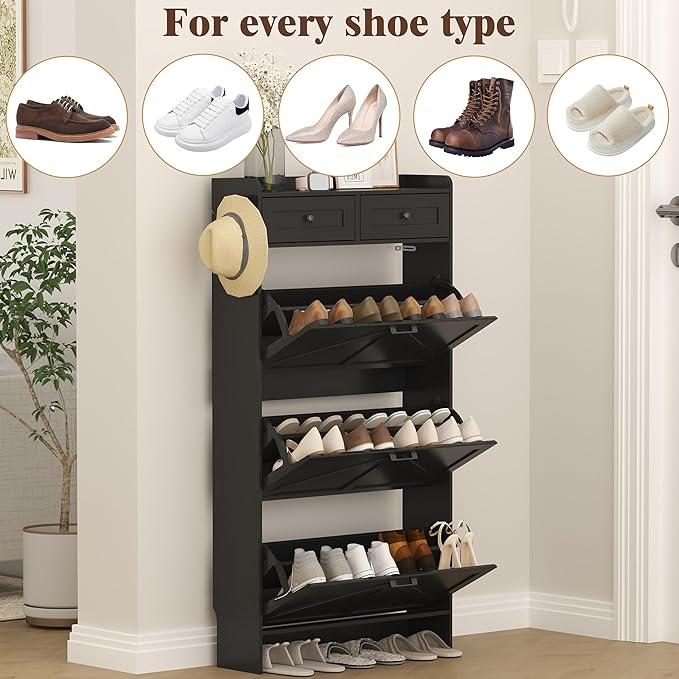 Shoe Cabinet with 3 Flip Drawers & 2 Storage Drawers, Rustic Farmhouse Na...