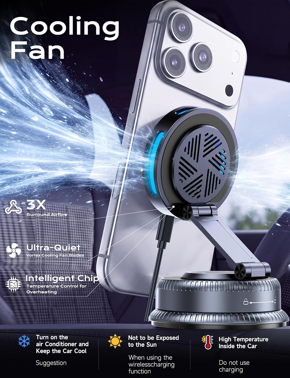 Qi2.2 25W MagSafe Car Mount Charger, Cooling Fan+75W Fast Adapter