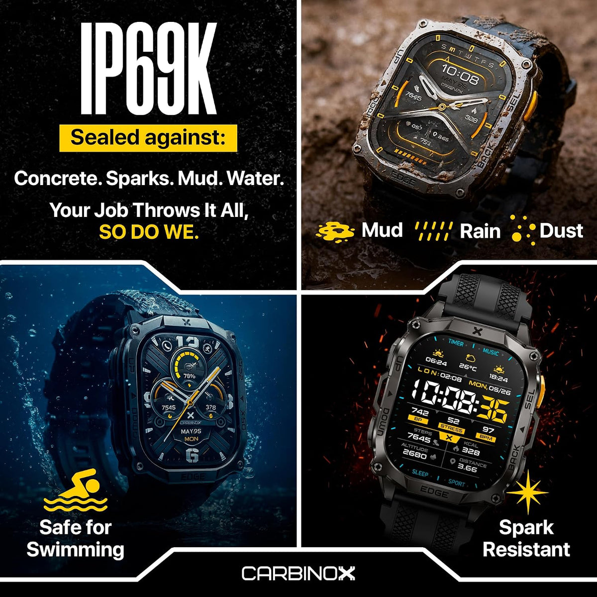 CARBINOX Edge Military Smart Watch for Men, Fitness Tracker, GPS, Black