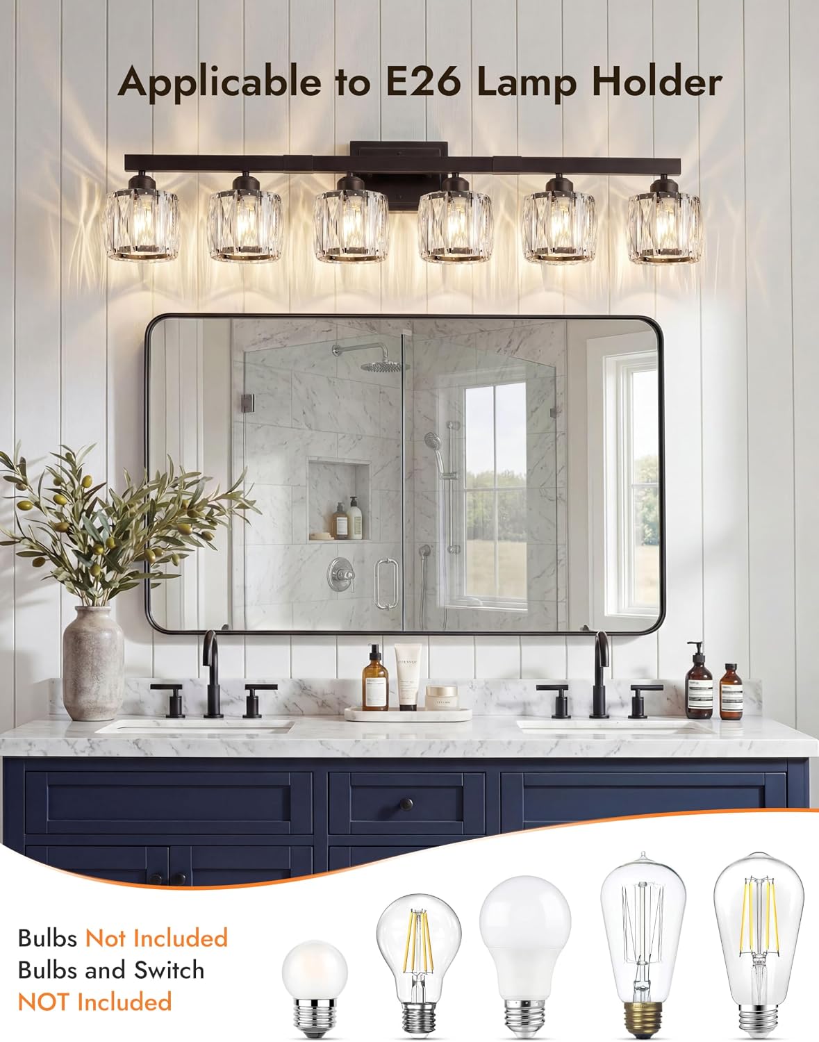 VOLISUN Crystal Vanity Light, 6‑Light Matte Black Bathroom Wall Fixture