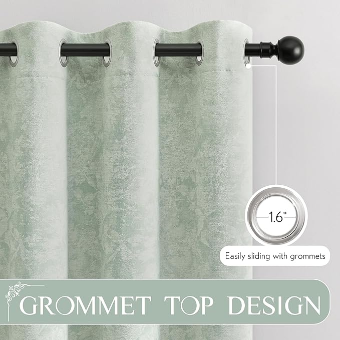 Beauoop Green Floral Jacquard Blackout Curtains 72 Inches Long 2 Panels