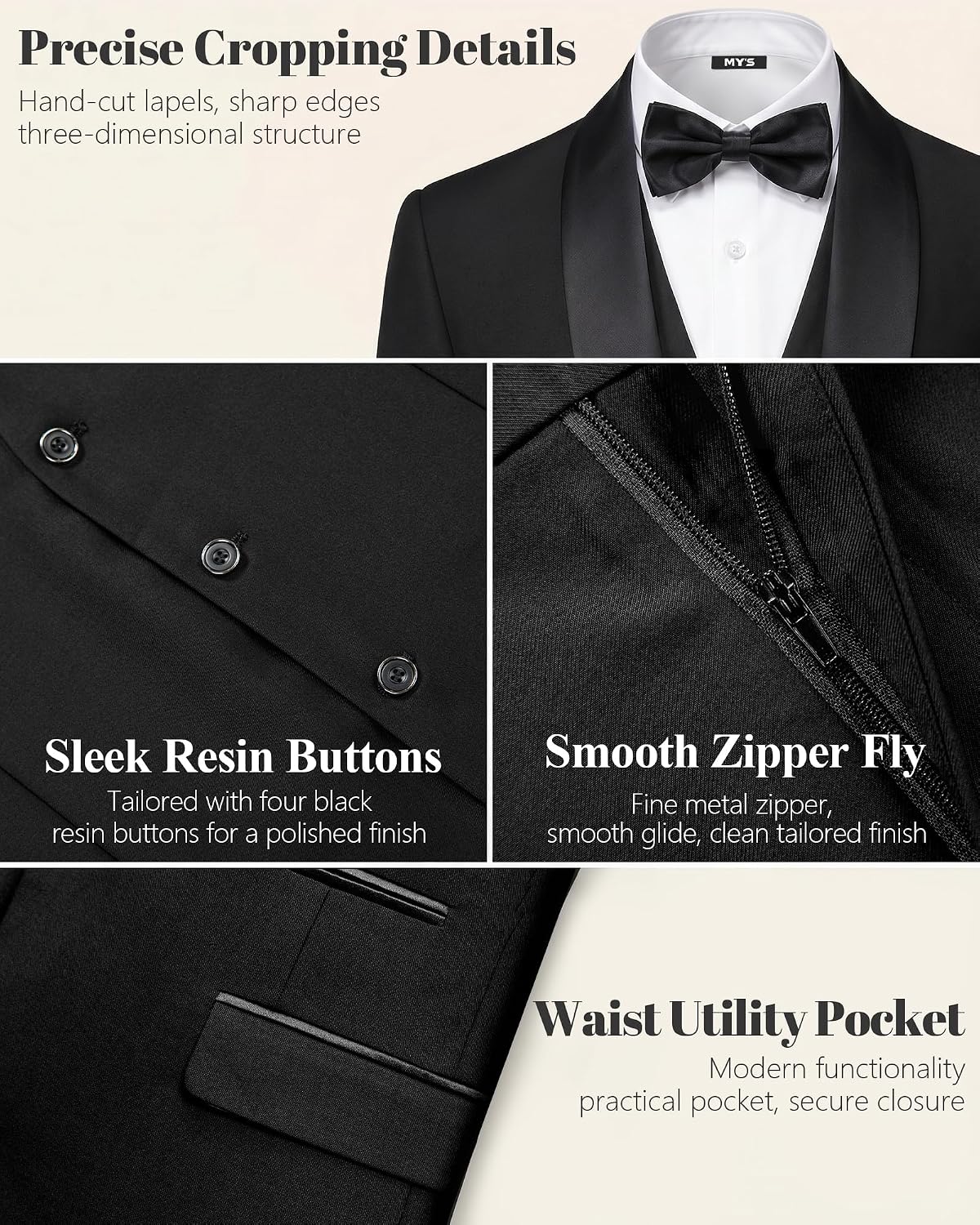 MY'S Men's 3 Piece Tuxedo Set with Tie, Shawl Lapel Suit Blazer Vest ...