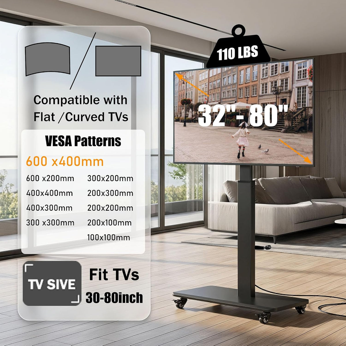 Swivel Rolling TV Stand with Power Outlet for 30-80 inch TVs up to 110 lbs