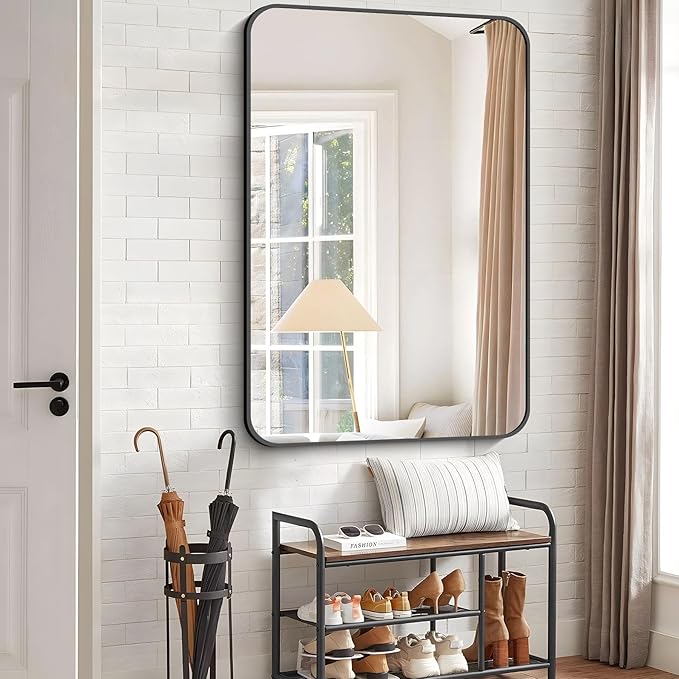 Bathroom Mirror, 55 x 36 inch Black Rectangle Wall Mirror, Metal Frame Rounded