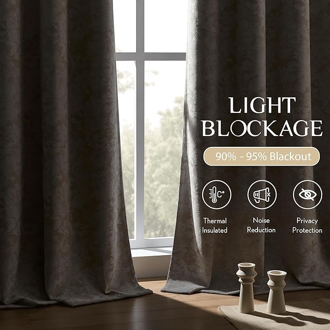 Beauoop Beige Floral Jacquard Blackout Curtains 90 Inches Long 2 Panels