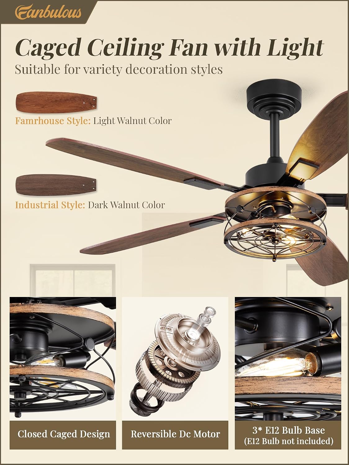 Farmhouse 52 Inch Farmhouse Ceiling Fan with Light and Remote, Black