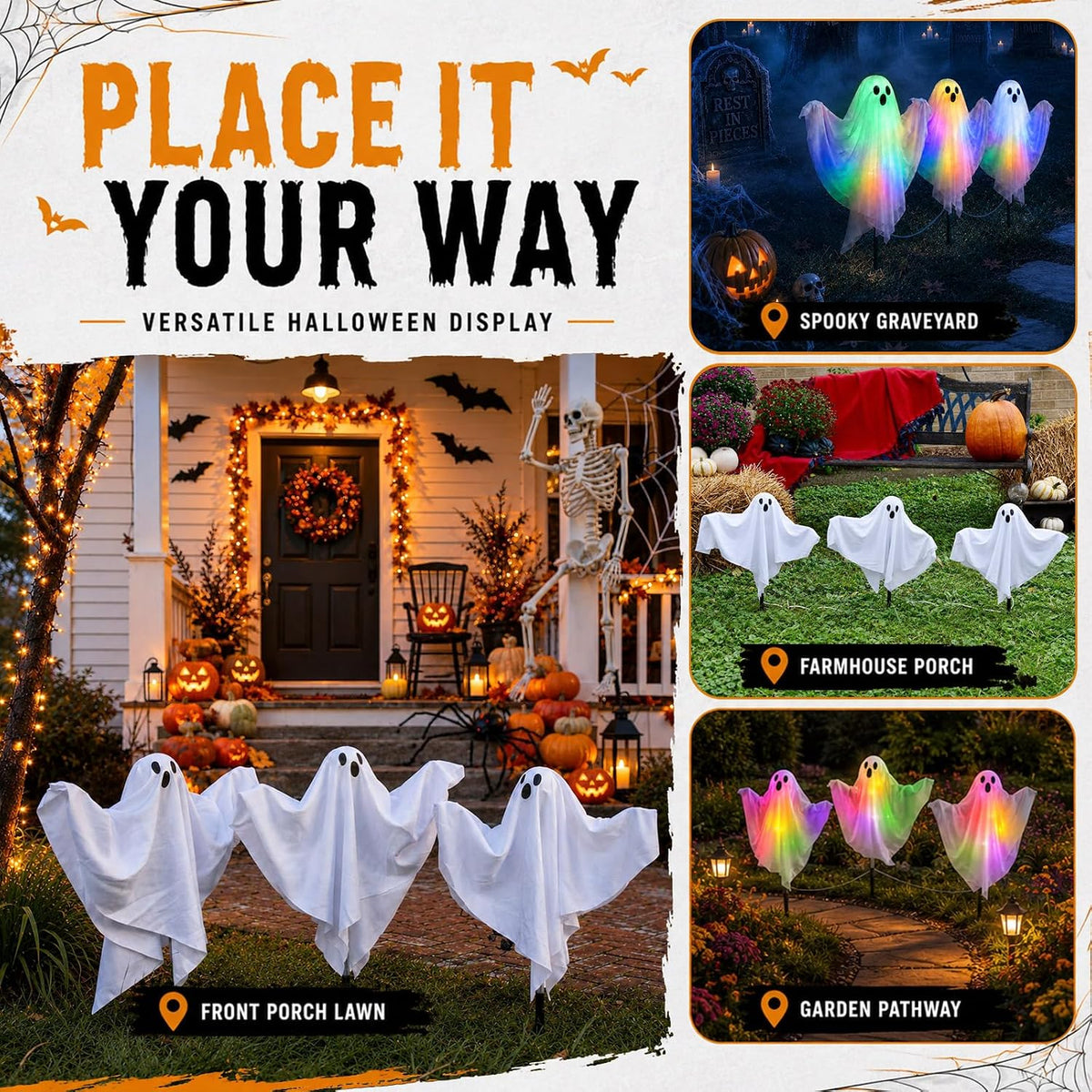3 Pcs Halloween Lighted Ghost Stakes with Remote Control & Timer, 17.7 in...