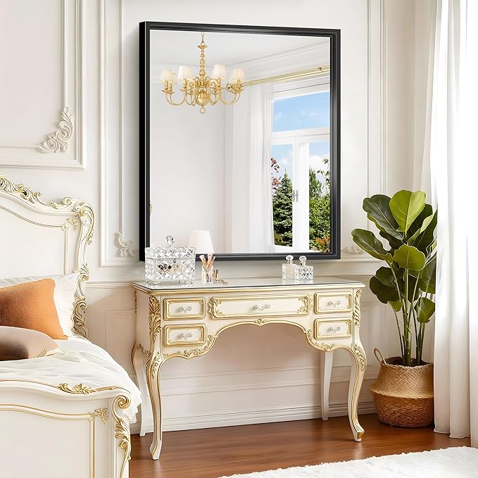 Bathroom Mirror, 42 x 36 Inch Brushed Black Rectangle Mirror, 0.6" Thick...