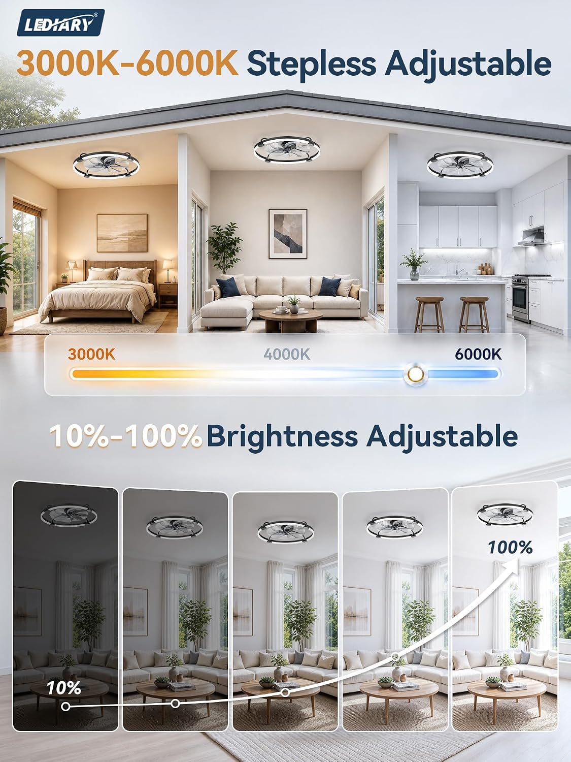 LEDIARY 24" Low Profile Ceiling Fans with Lights, Remote/APP Control, Black