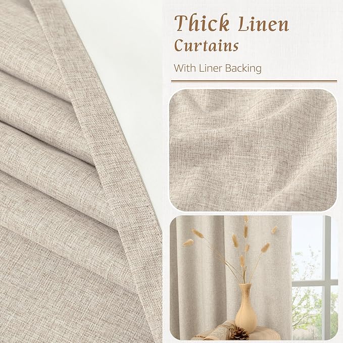 LAMIT Oatmeal 100% Blackout Linen Curtains, 84 Inch Linen Textured Living Room