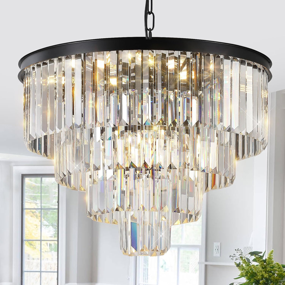24" Modern Crystal Chandeliers,12-Light Black Round Light Fixture