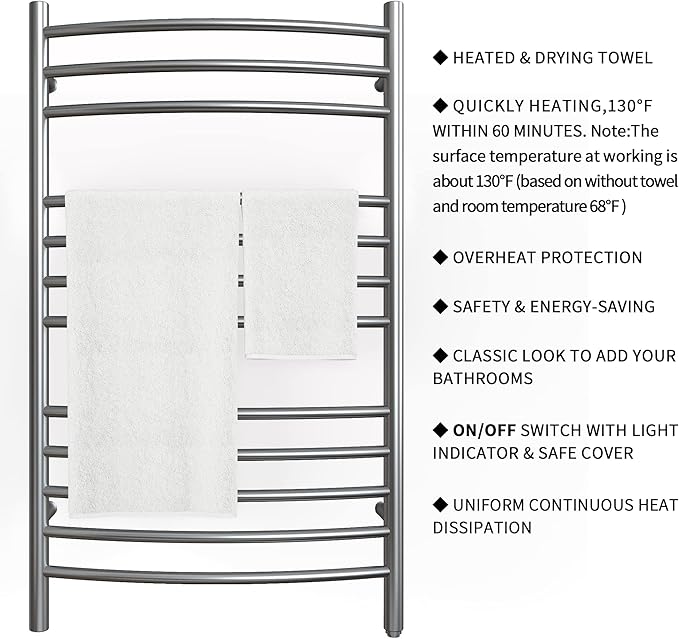 HEATGENE Towel Warmer Gun Grey, Electric Hot Towel Rails, Wall-Mounted Large 12
