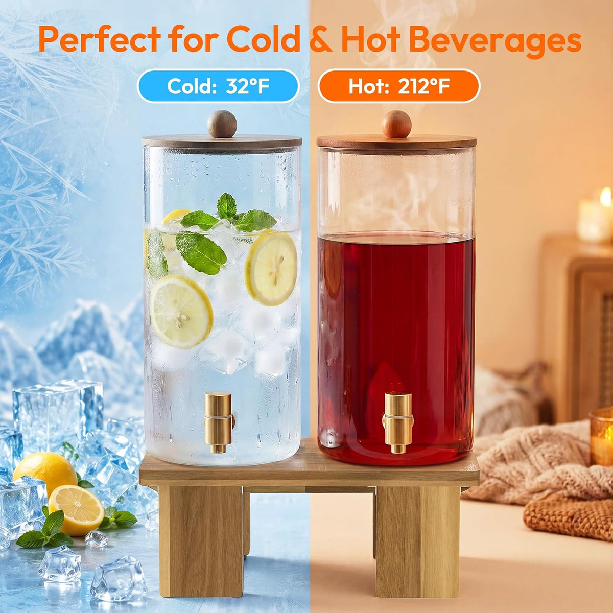 2 Pcs 1.5 Gallon Glass Drink Dispenser with Wood Stand & Pull-Out Cup Stand
