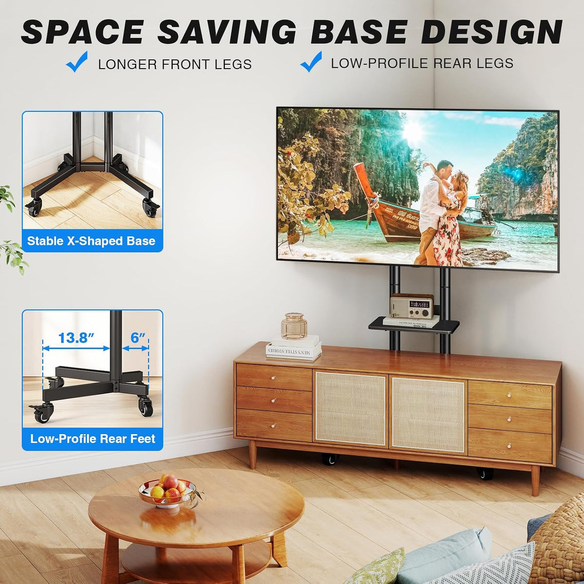 Portable Rolling TV Stand with Shelf for 32-85 in TVs up to 150 lbs