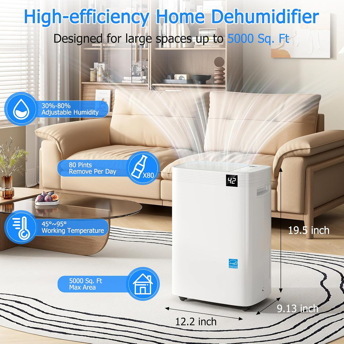 Ludatido 2026 Upgraded 80 Pint ENERGY STAR Basement Dehumidifier